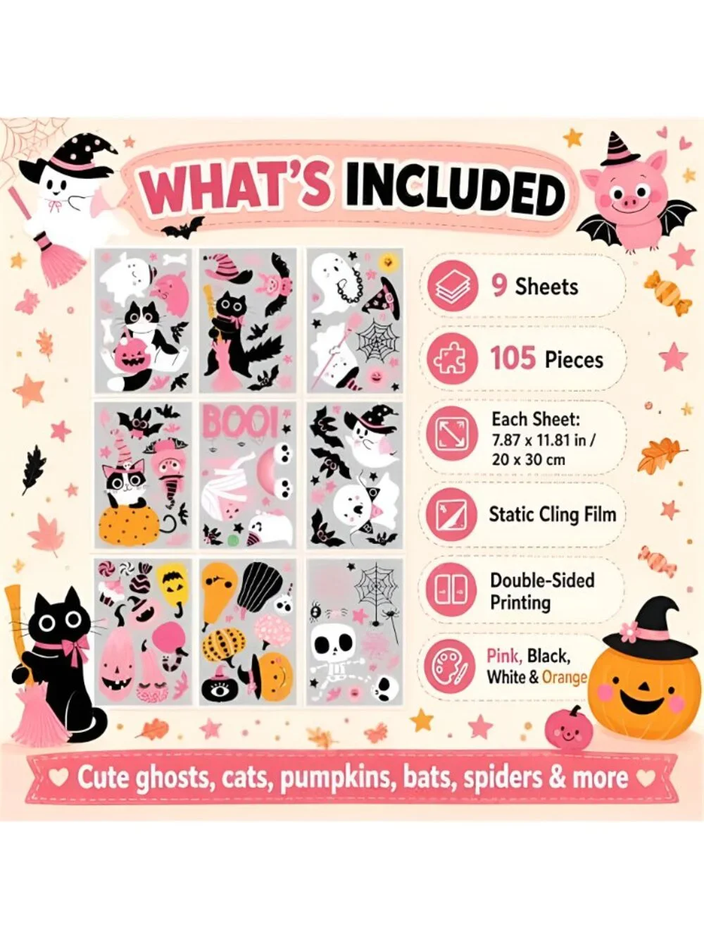 Pink Halloween Window Clings, Reusable Cute Cat Ghost, 8 Sheets